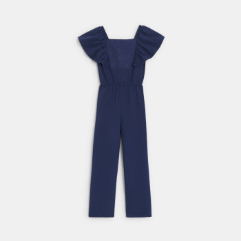 طقم من بنطلون وقميص بأكمام قصيرة مطرزة باللون الأزرق الداكن للفتيات